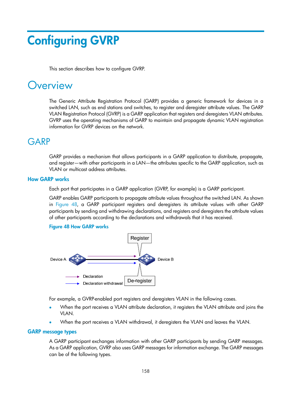 Configuring gvrp, Overview, Garp | How garp works, Garp message types | H3C Technologies H3C WX5500E Series Access Controllers User Manual | Page 169 / 221