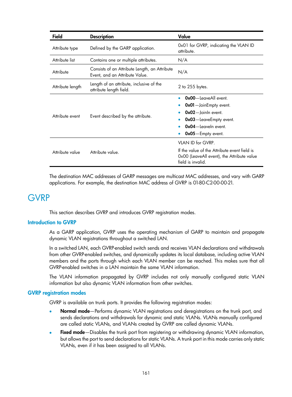 Gvrp, Introduction to gvrp, Gvrp registration modes | H3C Technologies H3C WX5500E Series Access Controllers User Manual | Page 172 / 221