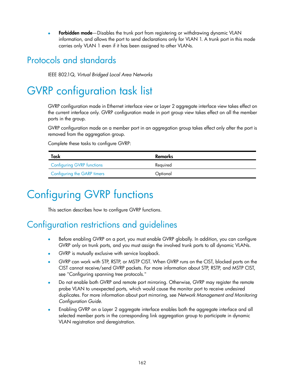 Protocols and standards, Gvrp configuration task list, Configuring gvrp functions | Configuration restrictions and guidelines | H3C Technologies H3C WX5500E Series Access Controllers User Manual | Page 173 / 221