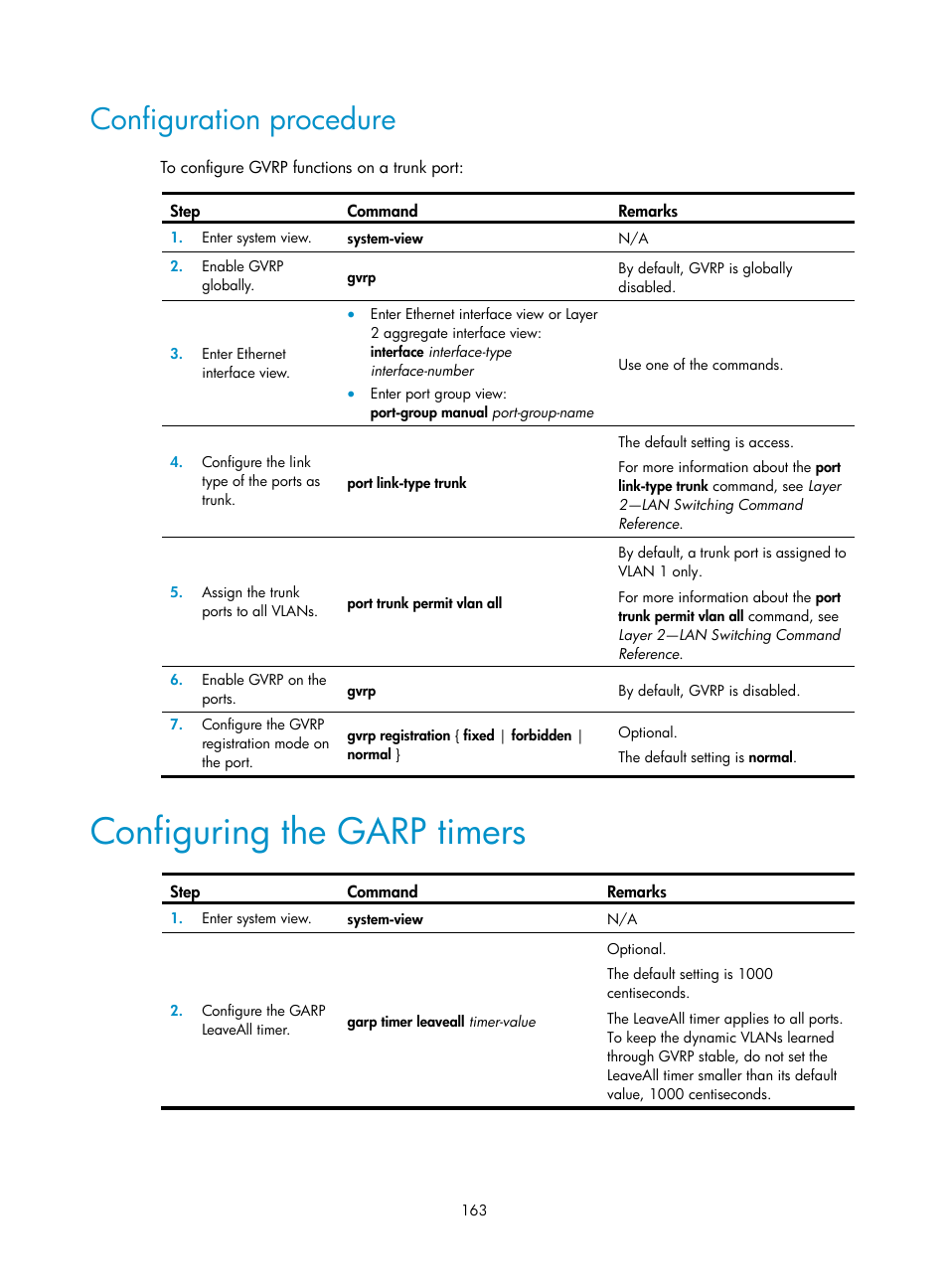 Configuration procedure, Configuring the garp timers | H3C Technologies H3C WX5500E Series Access Controllers User Manual | Page 174 / 221