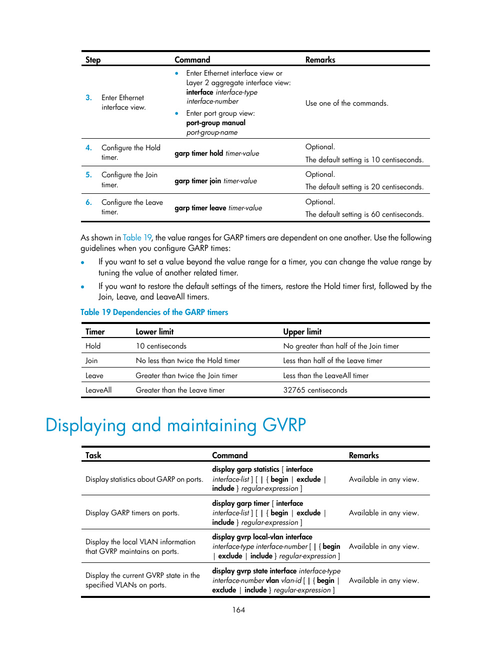 Displaying and maintaining gvrp, Table 19 | H3C Technologies H3C WX5500E Series Access Controllers User Manual | Page 175 / 221