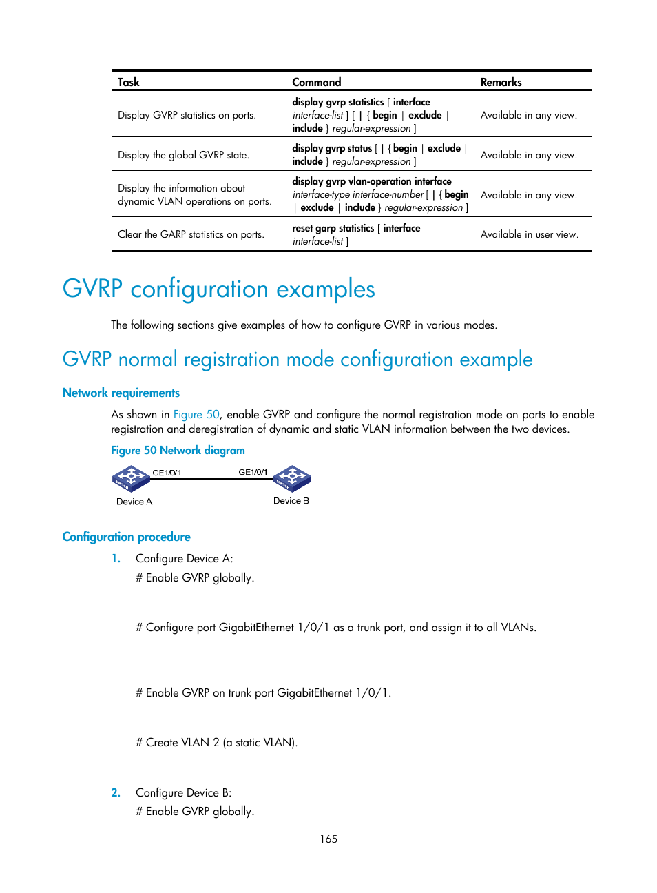 Gvrp configuration examples, Network requirements, Configuration procedure | H3C Technologies H3C WX5500E Series Access Controllers User Manual | Page 176 / 221