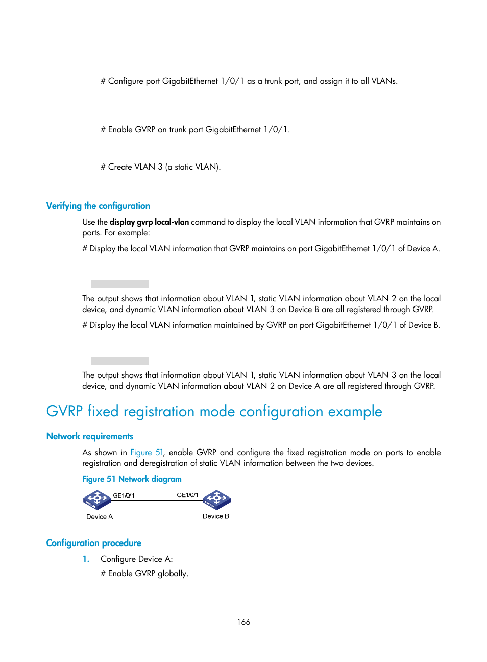 Verifying the configuration, Gvrp fixed registration mode configuration example, Network requirements | Configuration procedure | H3C Technologies H3C WX5500E Series Access Controllers User Manual | Page 177 / 221