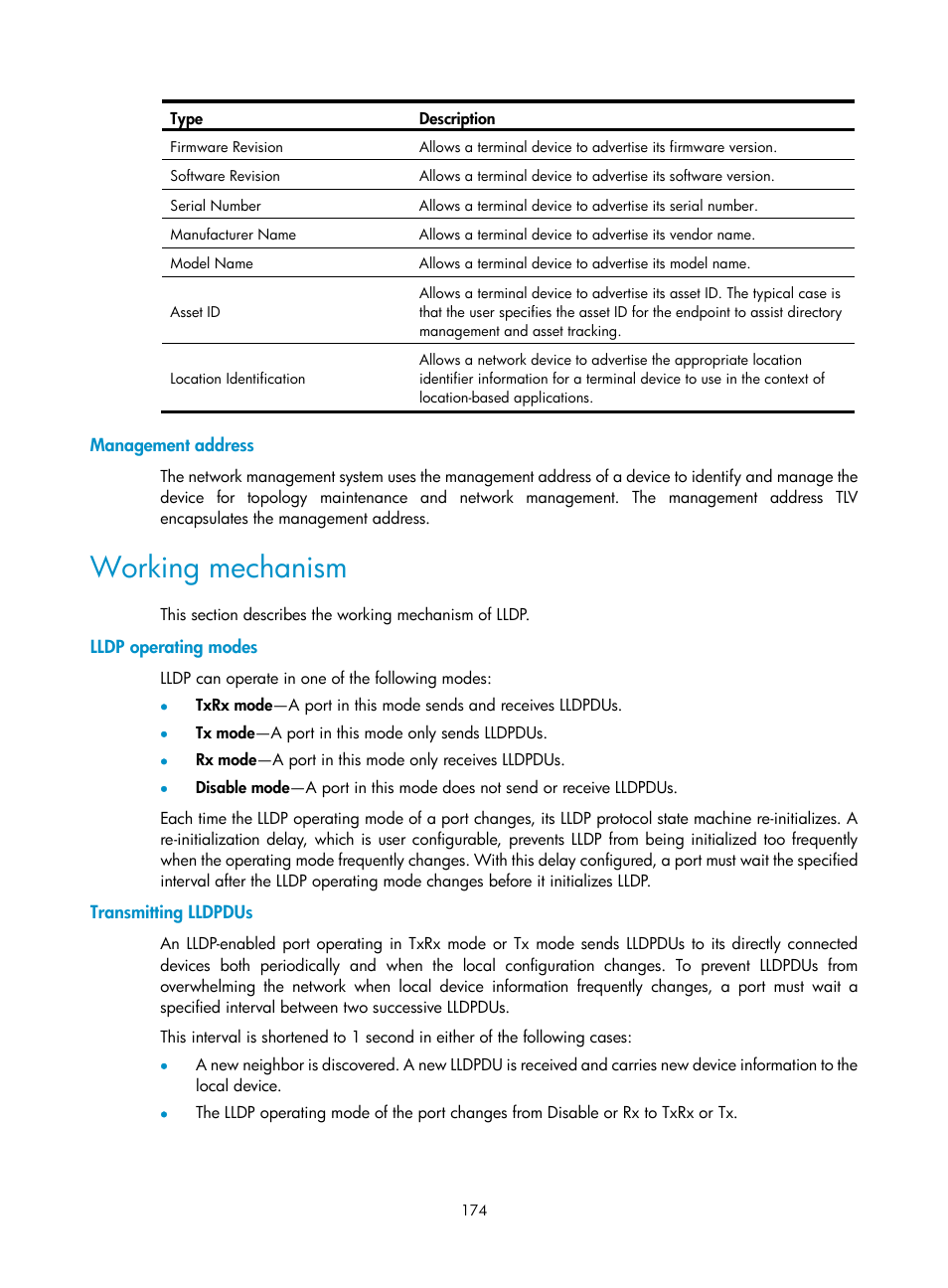 Management address, Working mechanism, Lldp operating modes | Transmitting lldpdus | H3C Technologies H3C WX5500E Series Access Controllers User Manual | Page 185 / 221