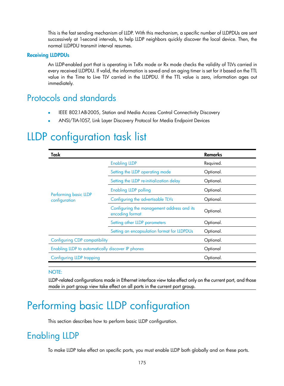 Receiving lldpdus, Protocols and standards, Lldp configuration task list | Performing basic lldp configuration, Enabling lldp | H3C Technologies H3C WX5500E Series Access Controllers User Manual | Page 186 / 221