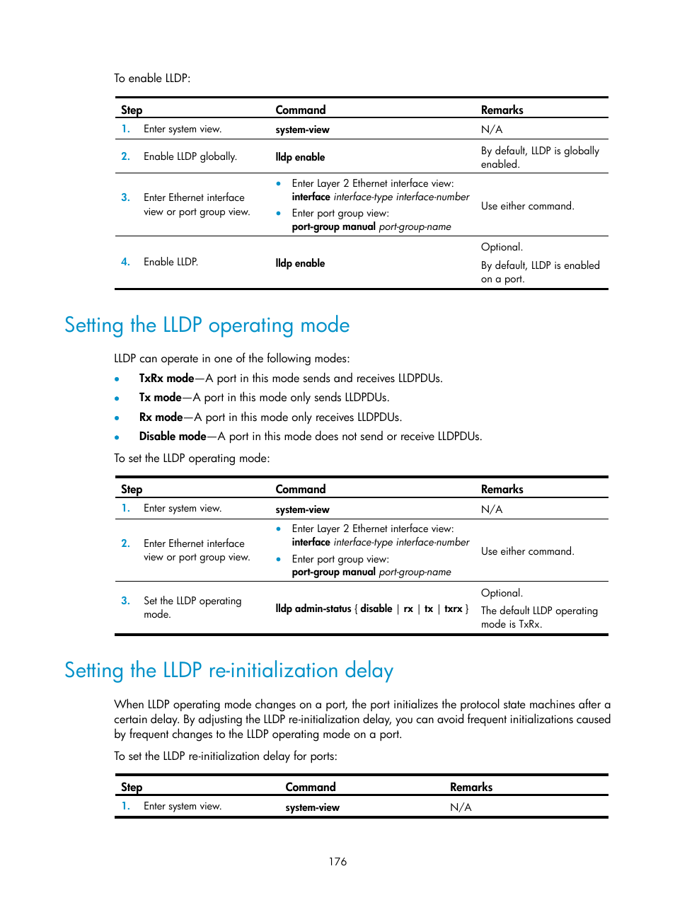 Setting the lldp operating mode, Setting the lldp re-initialization delay | H3C Technologies H3C WX5500E Series Access Controllers User Manual | Page 187 / 221