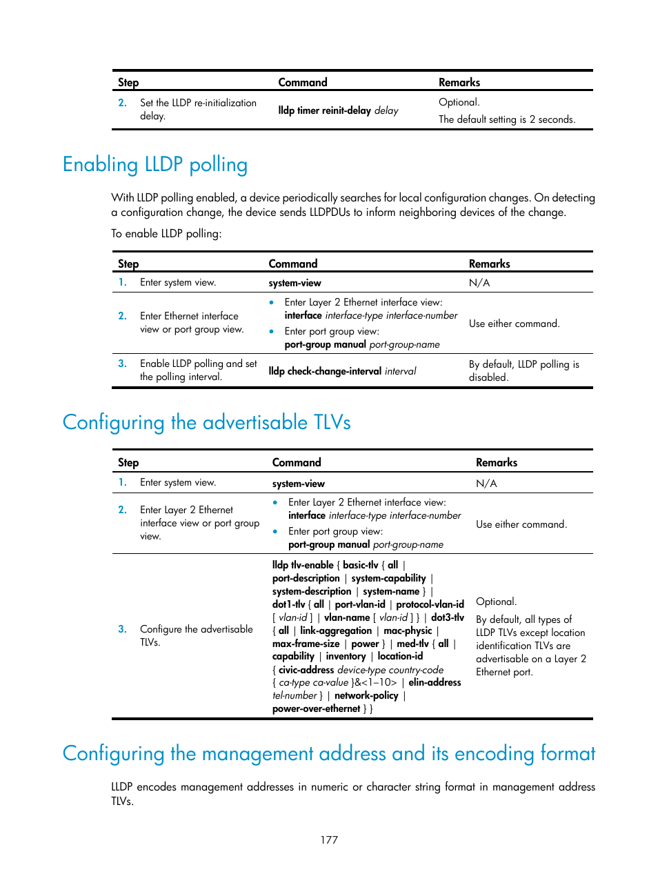 Enabling lldp polling, Configuring the advertisable tlvs | H3C Technologies H3C WX5500E Series Access Controllers User Manual | Page 188 / 221