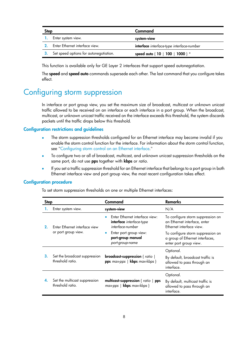 Configuring storm suppression, Configuration restrictions and guidelines, Configuration procedure | H3C Technologies H3C WX5500E Series Access Controllers User Manual | Page 19 / 221