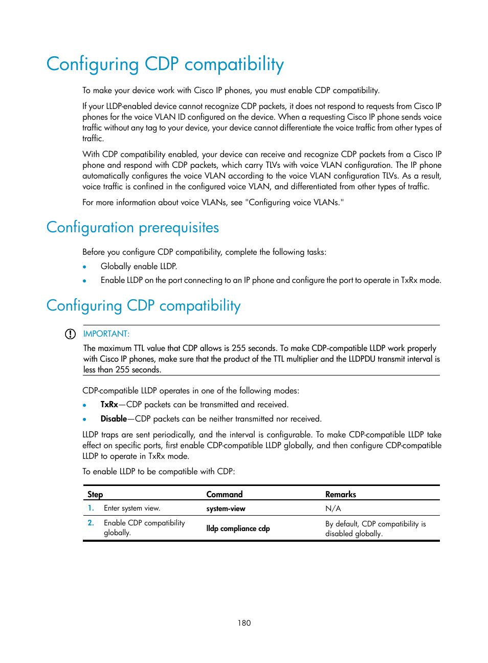 Configuring cdp compatibility, Configuration prerequisites | H3C Technologies H3C WX5500E Series Access Controllers User Manual | Page 191 / 221