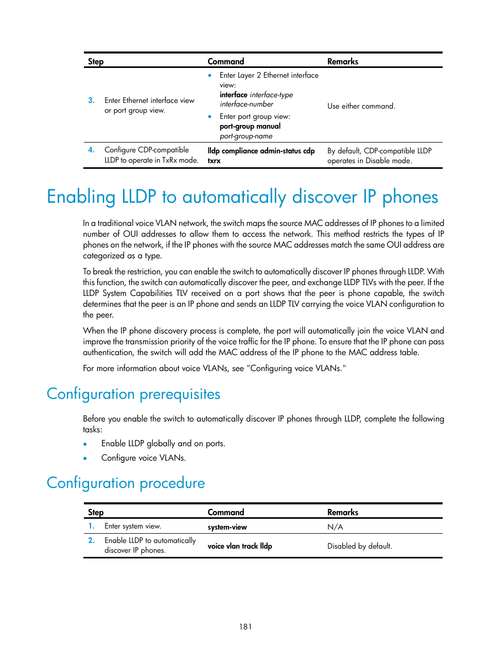 Enabling lldp to automatically discover ip phones, Configuration prerequisites, Configuration procedure | H3C Technologies H3C WX5500E Series Access Controllers User Manual | Page 192 / 221