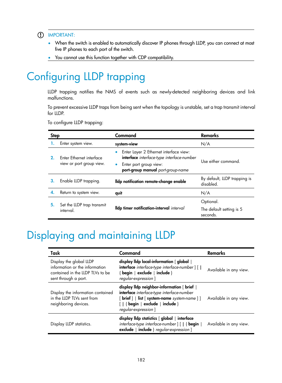 Configuring lldp trapping, Displaying and maintaining lldp | H3C Technologies H3C WX5500E Series Access Controllers User Manual | Page 193 / 221