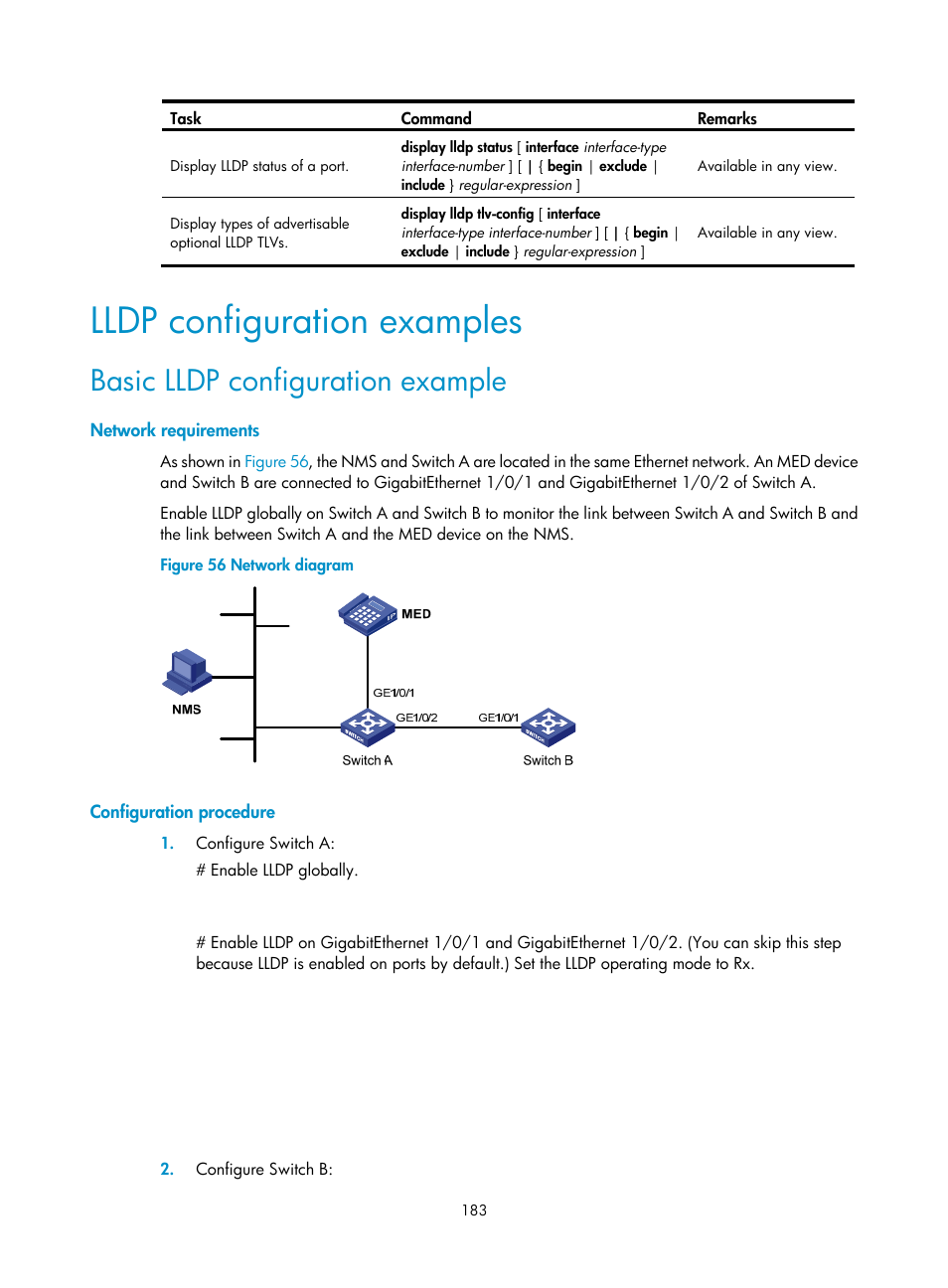 Lldp configuration examples, Basic lldp configuration example, Network requirements | Configuration procedure | H3C Technologies H3C WX5500E Series Access Controllers User Manual | Page 194 / 221
