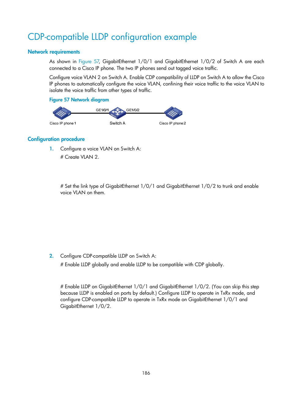 Cdp-compatible lldp configuration example, Network requirements, Configuration procedure | H3C Technologies H3C WX5500E Series Access Controllers User Manual | Page 197 / 221