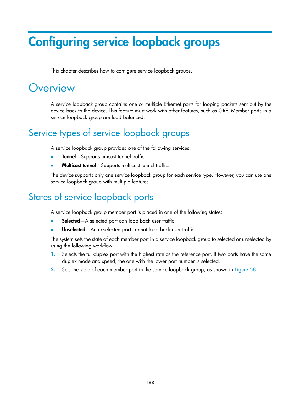 Configuring service loopback groups, Overview, Service types of service loopback groups | States of service loopback ports, E "configuring, Service loopback groups | H3C Technologies H3C WX5500E Series Access Controllers User Manual | Page 199 / 221