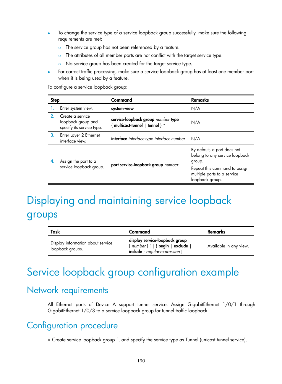 Displaying and maintaining service loopback groups, Service loopback group configuration example, Network requirements | Configuration procedure | H3C Technologies H3C WX5500E Series Access Controllers User Manual | Page 201 / 221