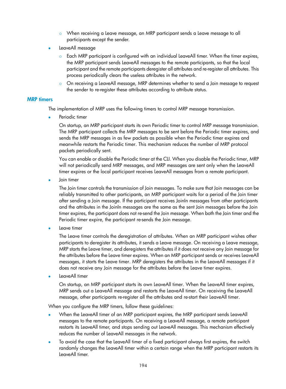 Mrp timers | H3C Technologies H3C WX5500E Series Access Controllers User Manual | Page 205 / 221