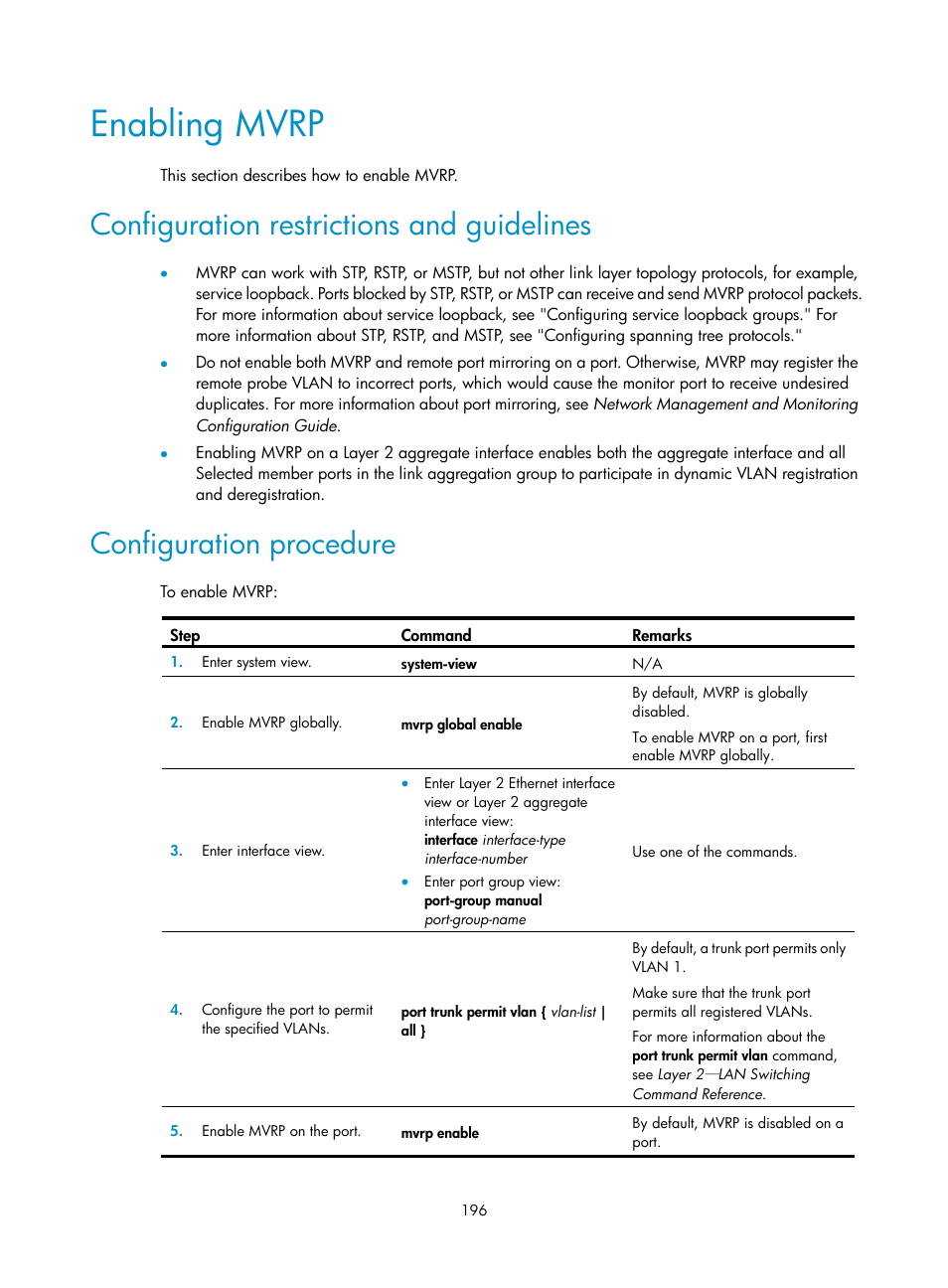 Enabling mvrp, Configuration restrictions and guidelines, Configuration procedure | H3C Technologies H3C WX5500E Series Access Controllers User Manual | Page 207 / 221