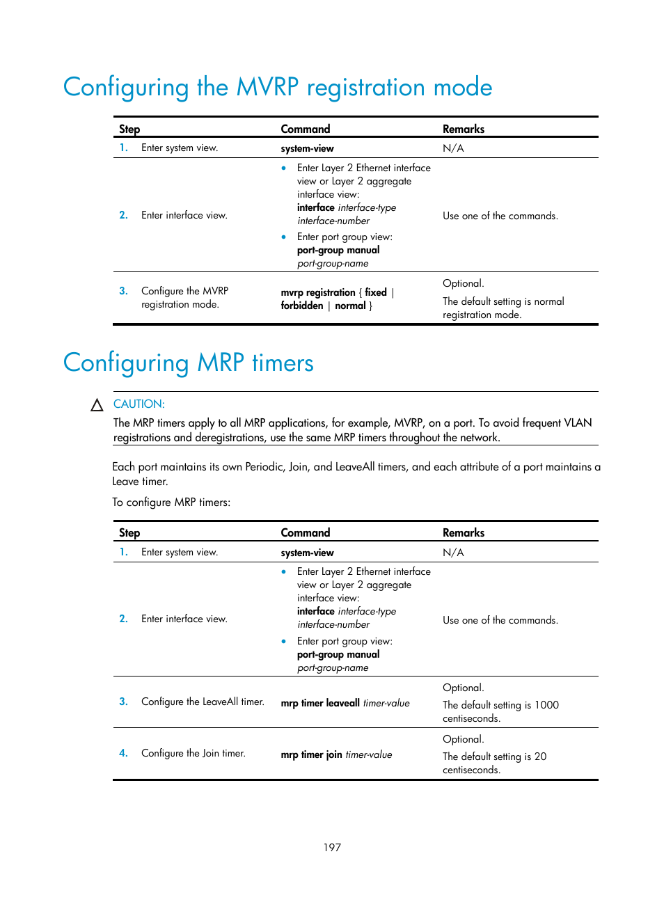 Configuring the mvrp registration mode, Configuring mrp timers | H3C Technologies H3C WX5500E Series Access Controllers User Manual | Page 208 / 221