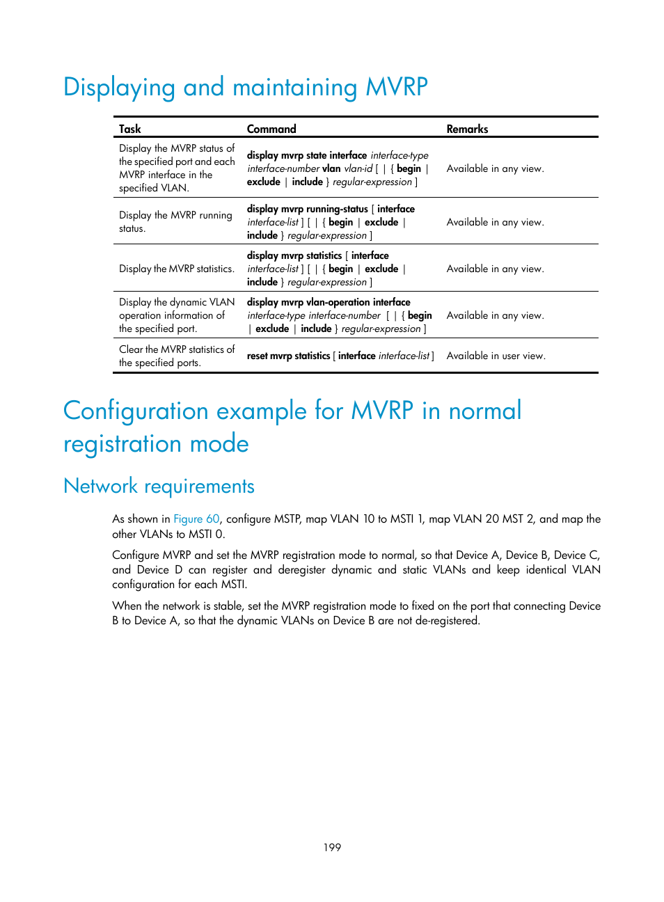 Displaying and maintaining mvrp, Network requirements | H3C Technologies H3C WX5500E Series Access Controllers User Manual | Page 210 / 221