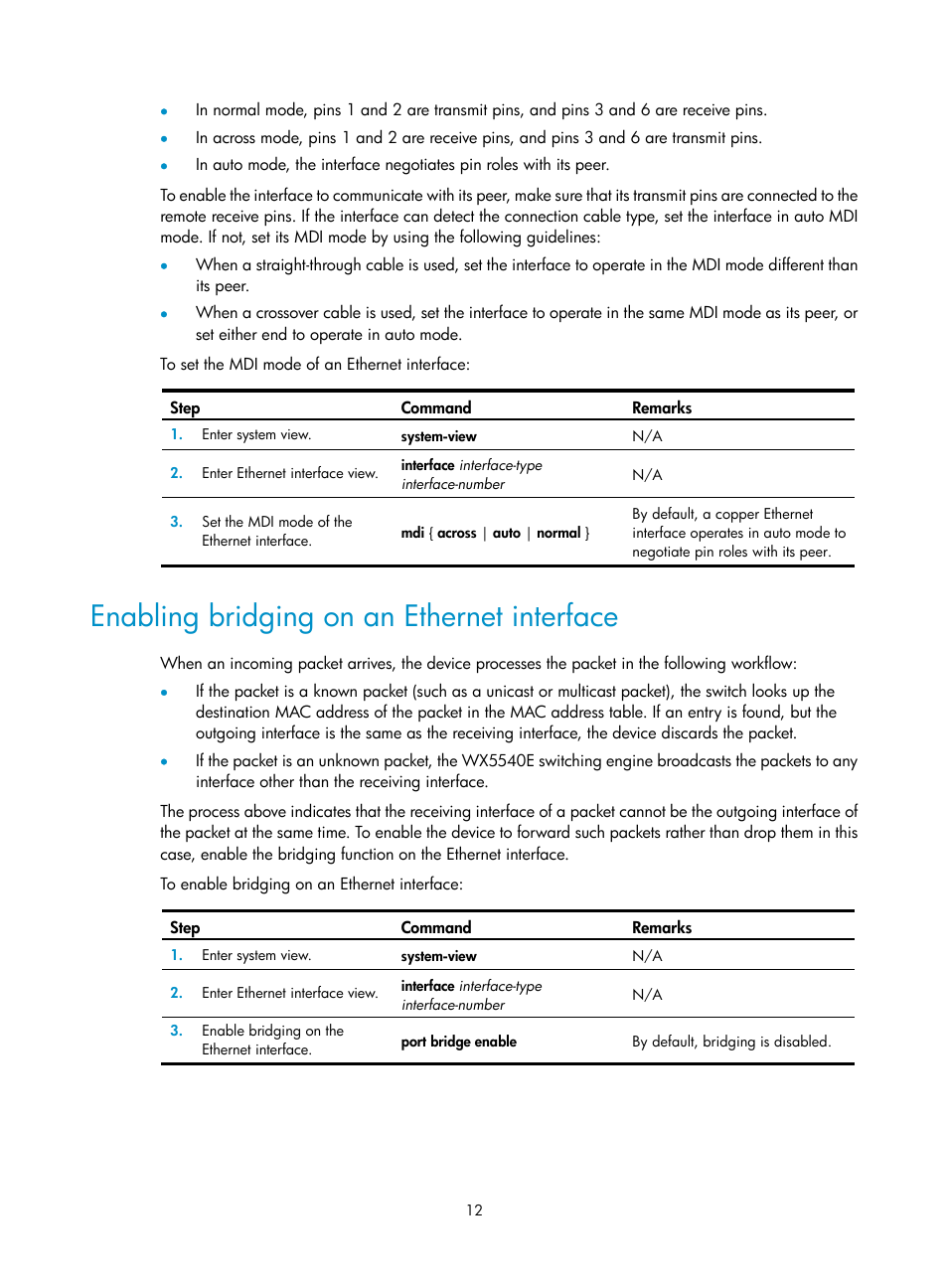 Enabling bridging on an ethernet interface | H3C Technologies H3C WX5500E Series Access Controllers User Manual | Page 23 / 221