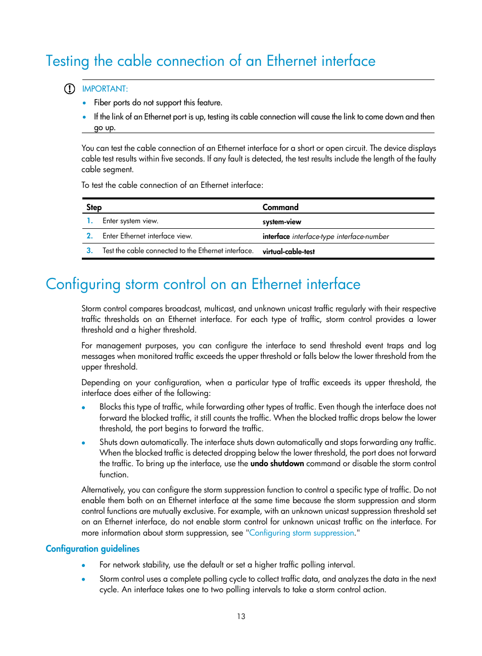 Configuring storm control on an ethernet interface, Configuration guidelines | H3C Technologies H3C WX5500E Series Access Controllers User Manual | Page 24 / 221