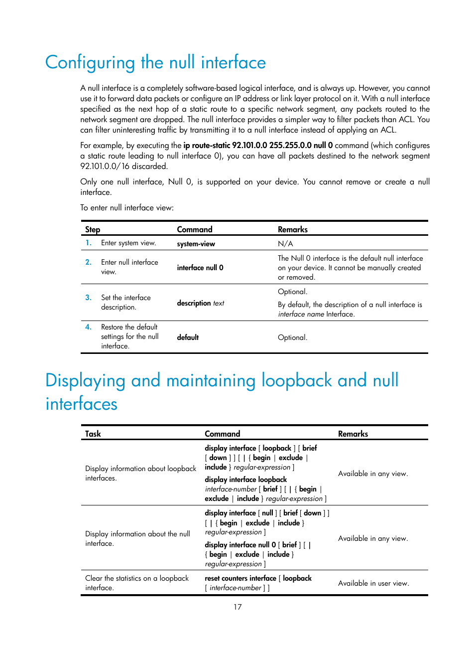 Configuring the null interface | H3C Technologies H3C WX5500E Series Access Controllers User Manual | Page 28 / 221