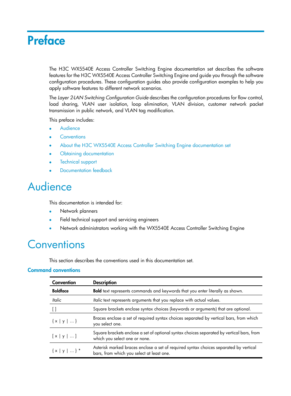 Preface, Audience, Conventions | Command conventions | H3C Technologies H3C WX5500E Series Access Controllers User Manual | Page 3 / 221