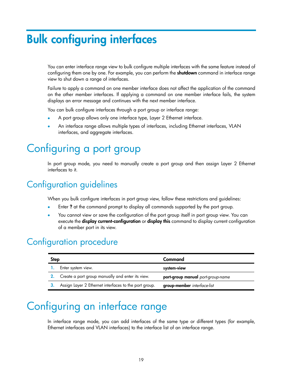 Bulk configuring interfaces, Configuring a port group, Configuration guidelines | Configuration procedure, Configuring an interface range | H3C Technologies H3C WX5500E Series Access Controllers User Manual | Page 30 / 221