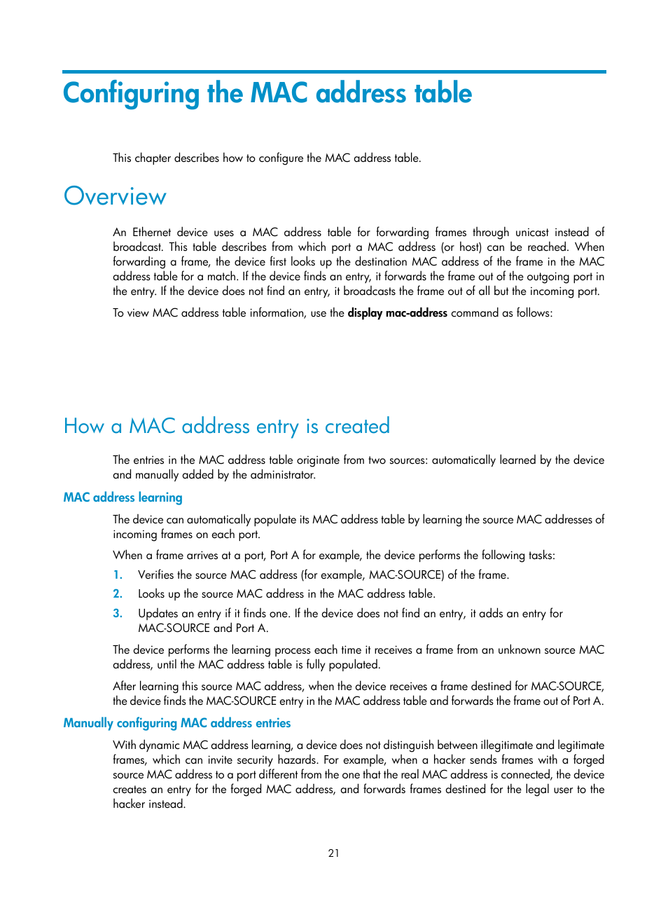 Configuring the mac address table, Overview, How a mac address entry is created | Mac address learning, Manually configuring mac address entries | H3C Technologies H3C WX5500E Series Access Controllers User Manual | Page 32 / 221