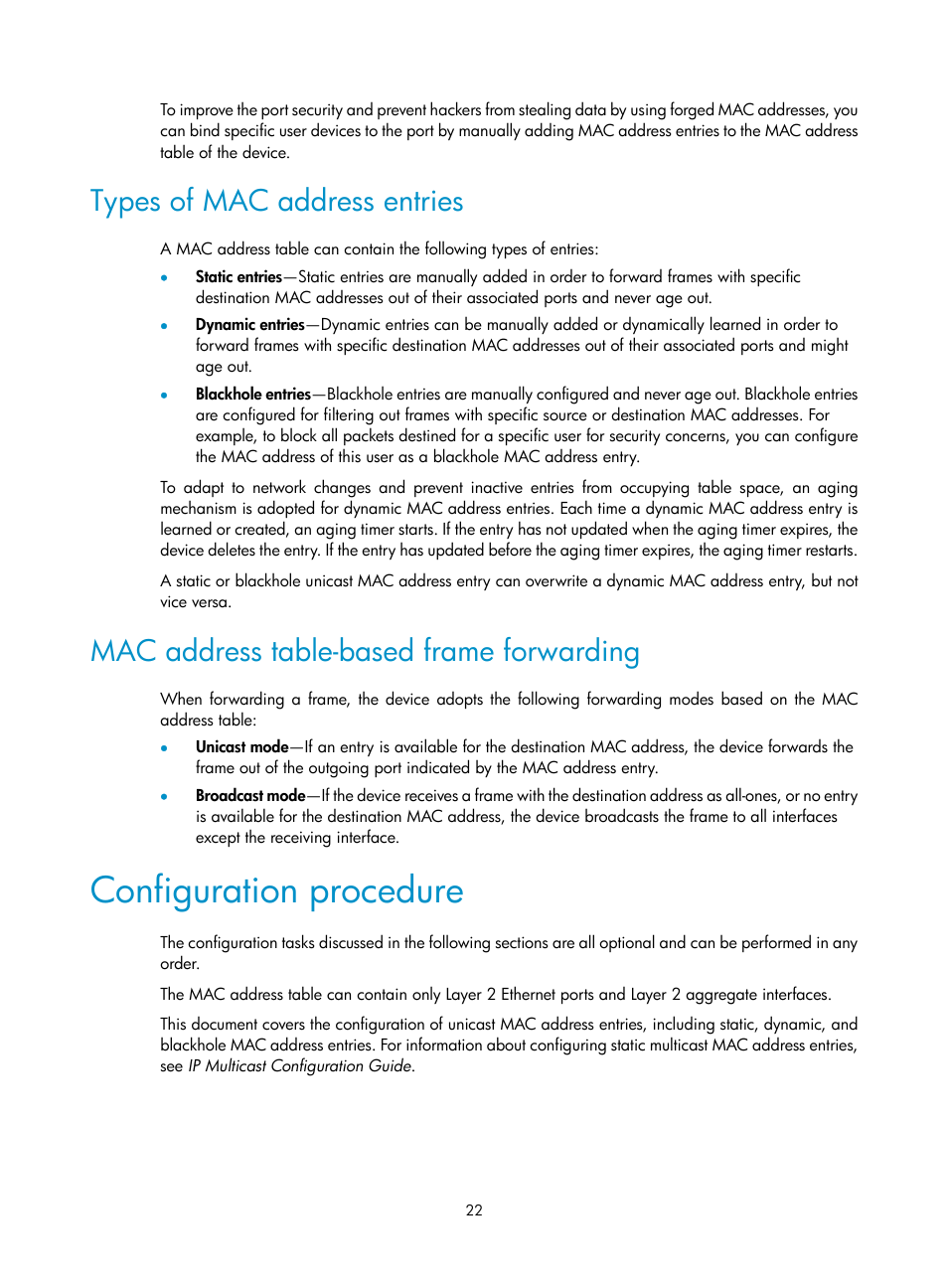 Types of mac address entries, Mac address table-based frame forwarding, Configuration procedure | H3C Technologies H3C WX5500E Series Access Controllers User Manual | Page 33 / 221