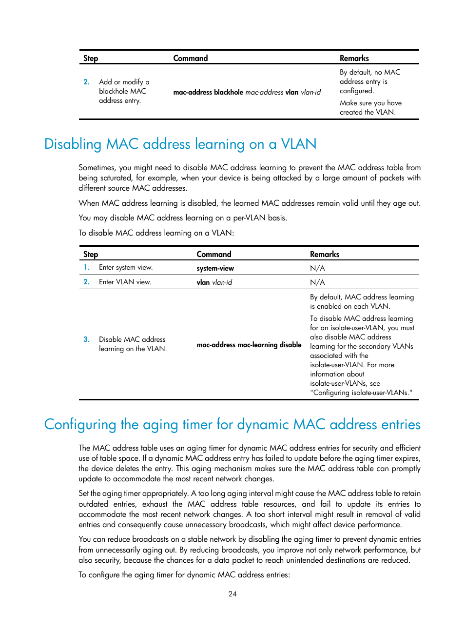 Disabling mac address learning on a vlan | H3C Technologies H3C WX5500E Series Access Controllers User Manual | Page 35 / 221