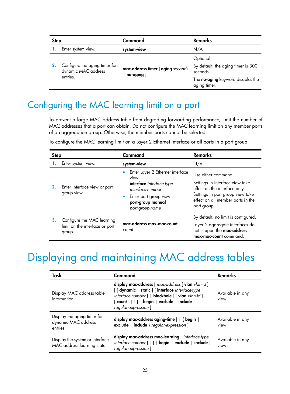 Configuring the mac learning limit on a port, Displaying and maintaining mac address tables | H3C Technologies H3C WX5500E Series Access Controllers User Manual | Page 36 / 221