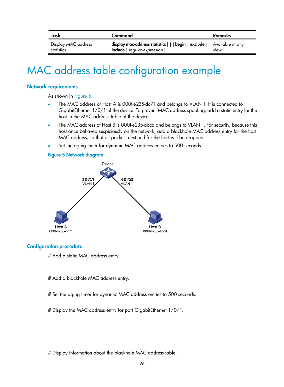 Mac address table configuration example, Network requirements, Configuration procedure | H3C Technologies H3C WX5500E Series Access Controllers User Manual | Page 37 / 221