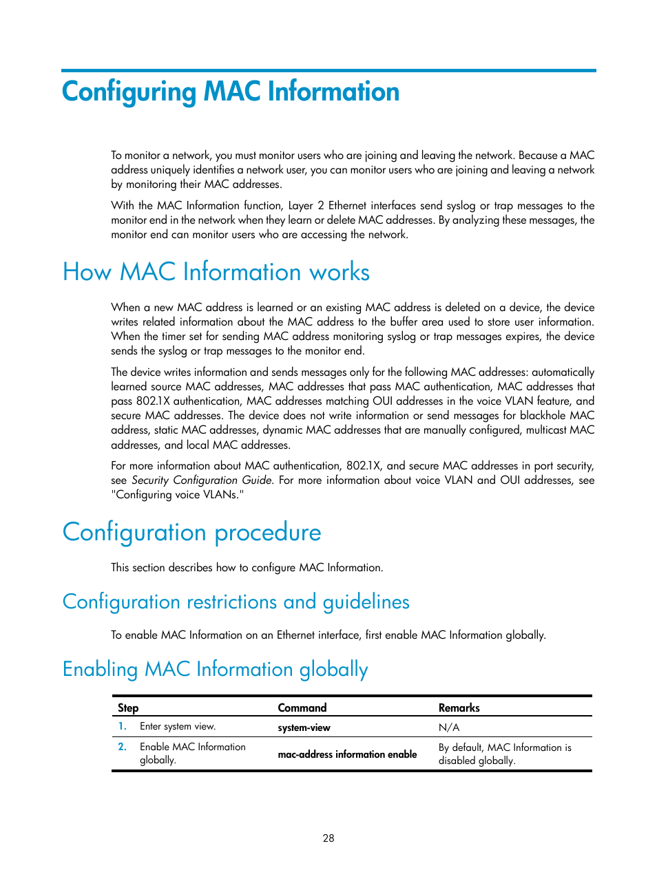 Configuring mac information, How mac information works, Configuration procedure | Configuration restrictions and guidelines, Enabling mac information globally | H3C Technologies H3C WX5500E Series Access Controllers User Manual | Page 39 / 221