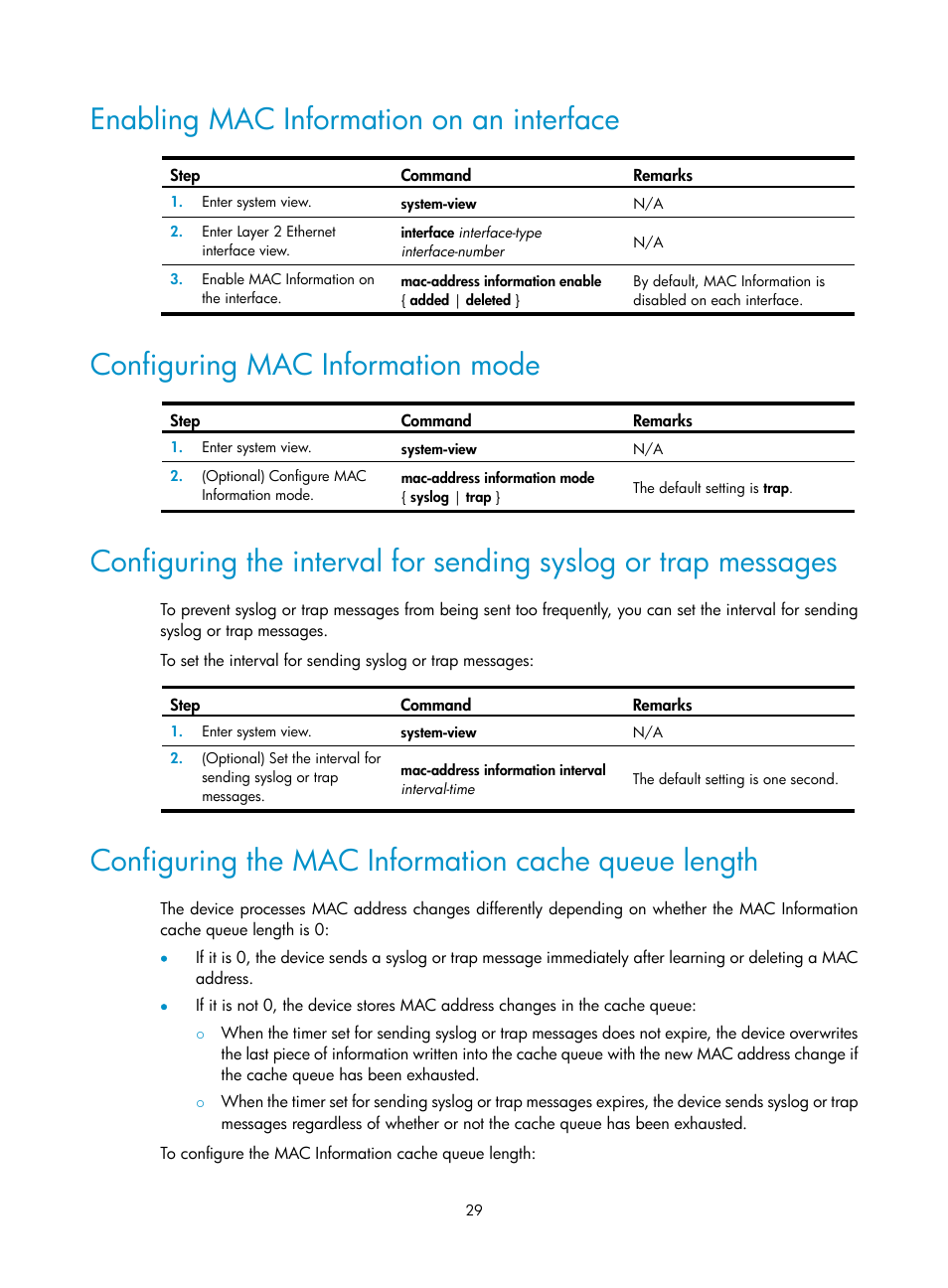 Enabling mac information on an interface, Configuring mac information mode, Configuring the mac information cache queue length | H3C Technologies H3C WX5500E Series Access Controllers User Manual | Page 40 / 221