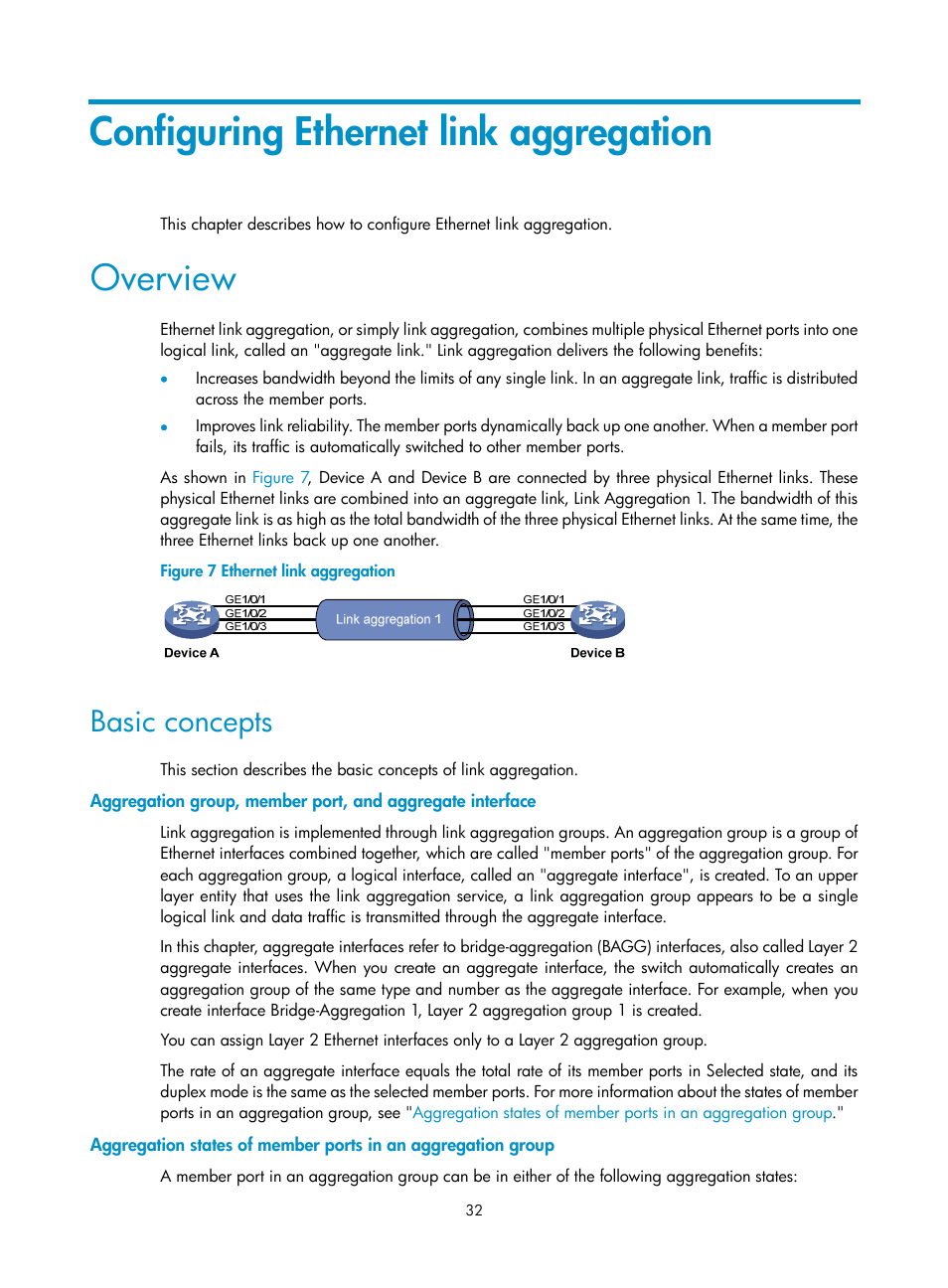 Configuring ethernet link aggregation, Overview, Basic concepts | H3C Technologies H3C WX5500E Series Access Controllers User Manual | Page 43 / 221