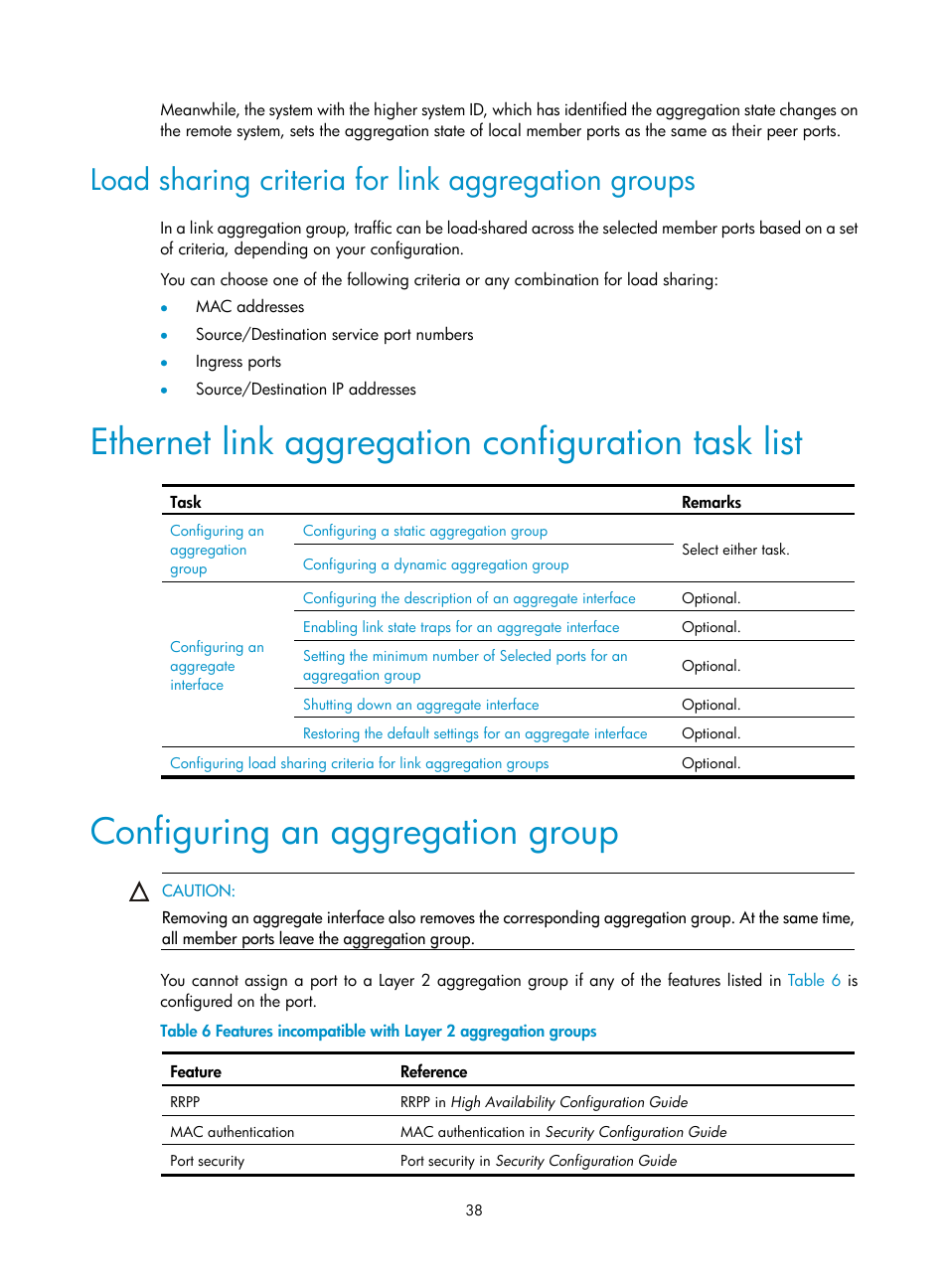 Load sharing criteria for link aggregation groups, Ethernet link aggregation configuration task list, Configuring an aggregation group | H3C Technologies H3C WX5500E Series Access Controllers User Manual | Page 49 / 221