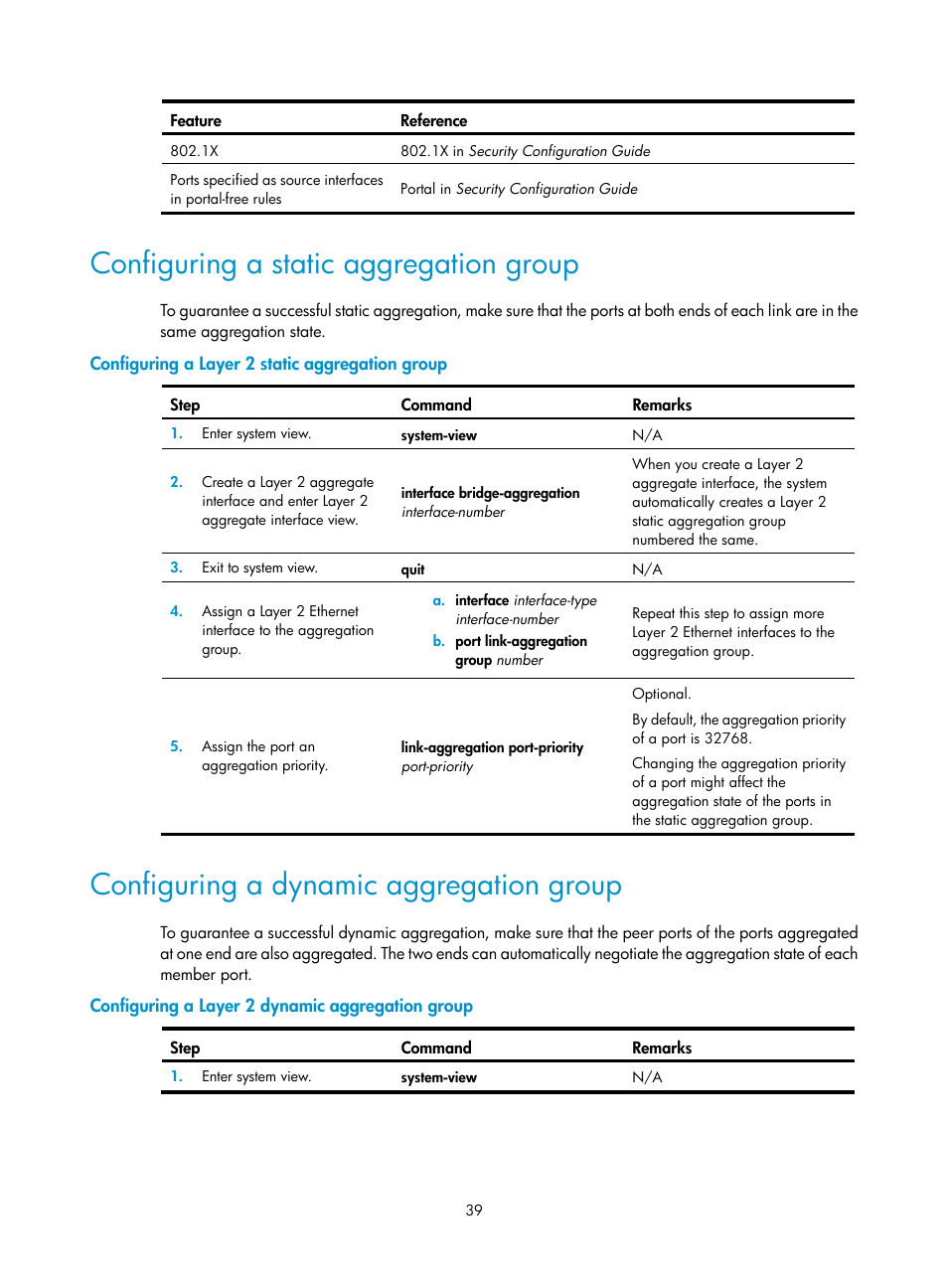 Configuring a static aggregation group, Configuring a layer 2 static aggregation group, Configuring a dynamic aggregation group | Configuring a layer 2 dynamic aggregation group | H3C Technologies H3C WX5500E Series Access Controllers User Manual | Page 50 / 221