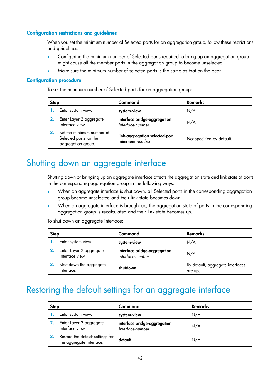 Configuration restrictions and guidelines, Configuration procedure, Shutting down an aggregate interface | H3C Technologies H3C WX5500E Series Access Controllers User Manual | Page 53 / 221