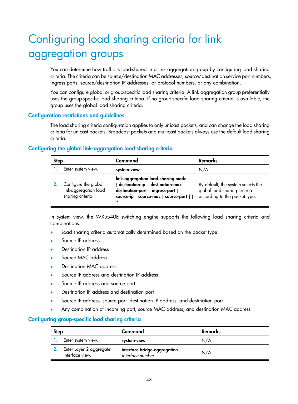 Configuration restrictions and guidelines, Configuring group-specific load sharing criteria | H3C Technologies H3C WX5500E Series Access Controllers User Manual | Page 54 / 221