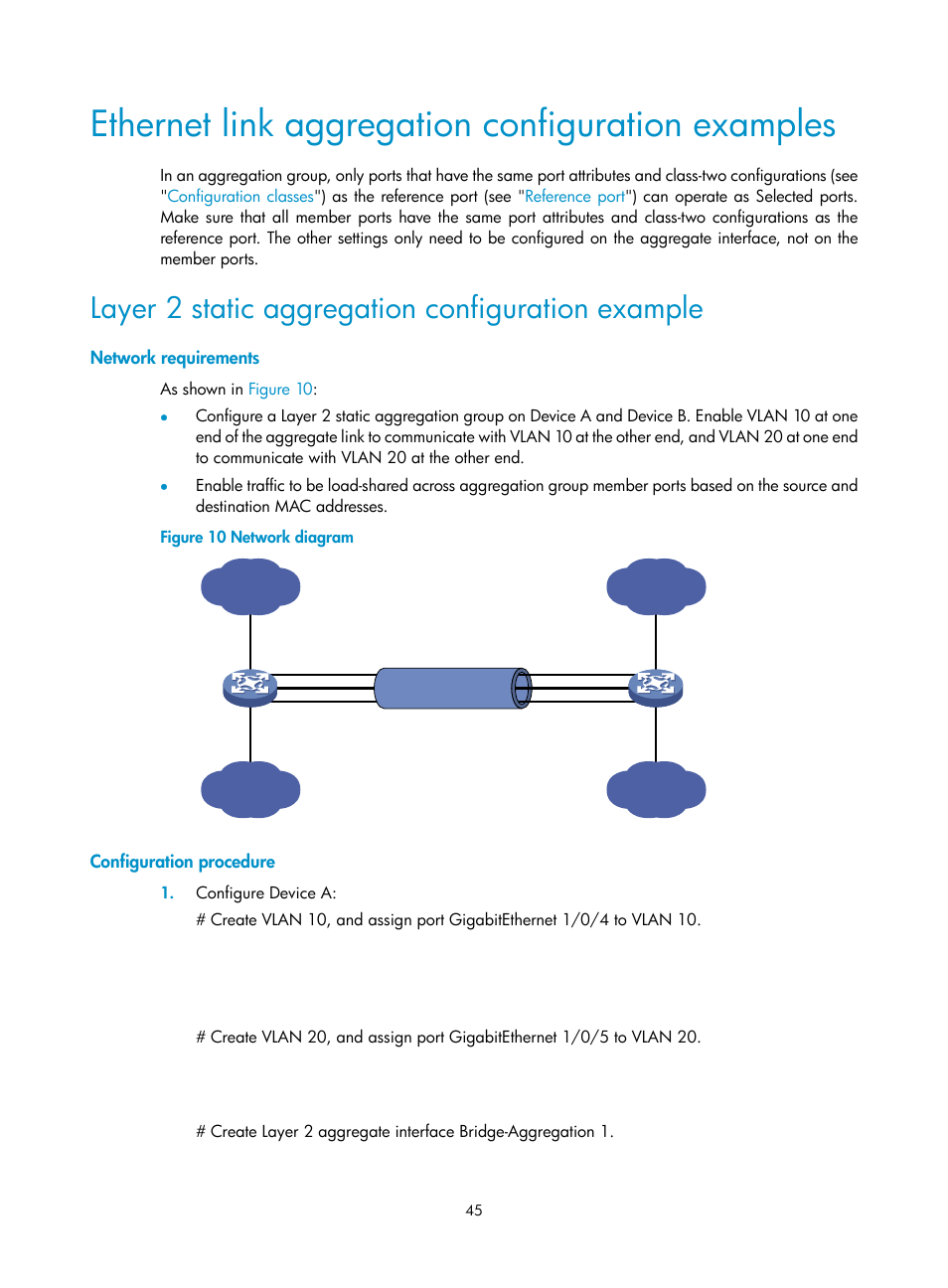 Ethernet link aggregation configuration examples, Layer 2 static aggregation configuration example, Network requirements | Configuration procedure | H3C Technologies H3C WX5500E Series Access Controllers User Manual | Page 56 / 221