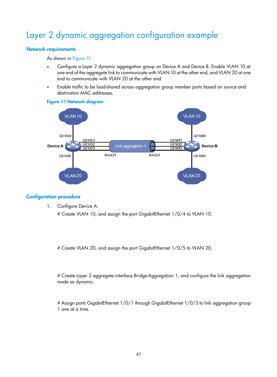 Layer 2 dynamic aggregation configuration example, Network requirements, Configuration procedure | H3C Technologies H3C WX5500E Series Access Controllers User Manual | Page 58 / 221