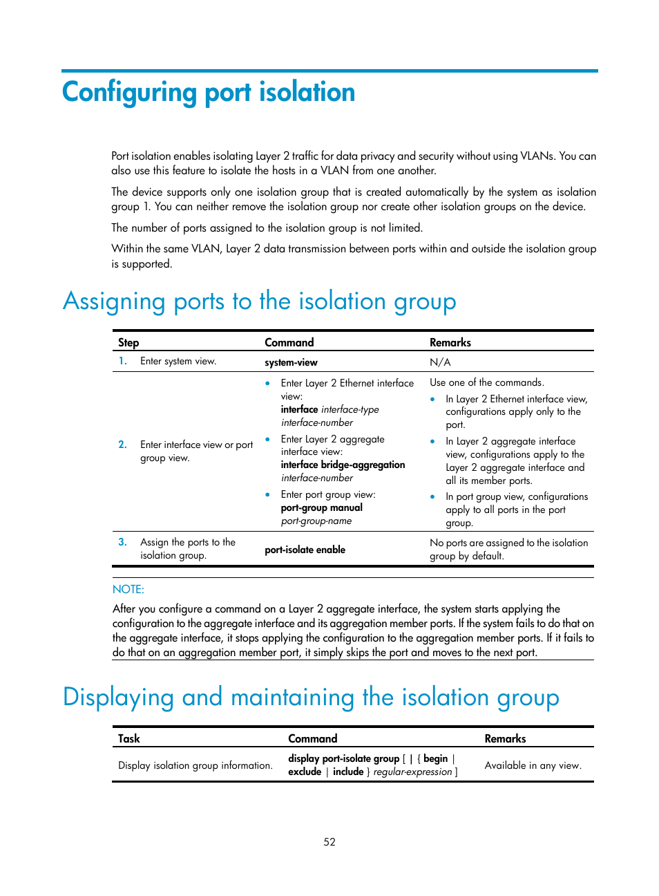 Configuring port isolation, Assigning ports to the isolation group, Displaying and maintaining the isolation group | H3C Technologies H3C WX5500E Series Access Controllers User Manual | Page 63 / 221