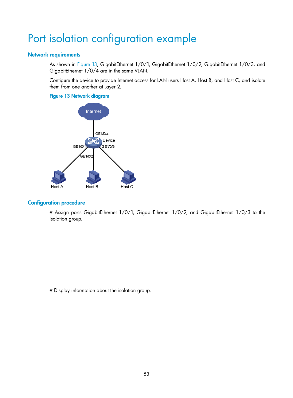 Port isolation configuration example, Network requirements, Configuration procedure | H3C Technologies H3C WX5500E Series Access Controllers User Manual | Page 64 / 221