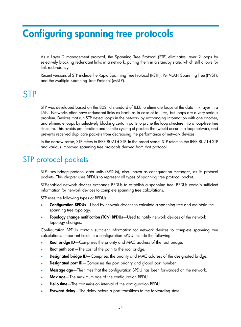 Configuring spanning tree protocols, Stp protocol packets | H3C Technologies H3C WX5500E Series Access Controllers User Manual | Page 65 / 221