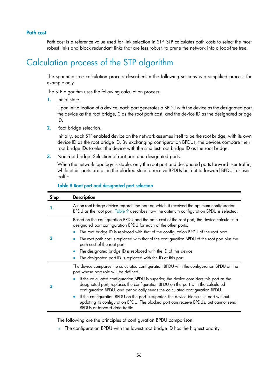 Path cost, Calculation process of the stp algorithm | H3C Technologies H3C WX5500E Series Access Controllers User Manual | Page 67 / 221