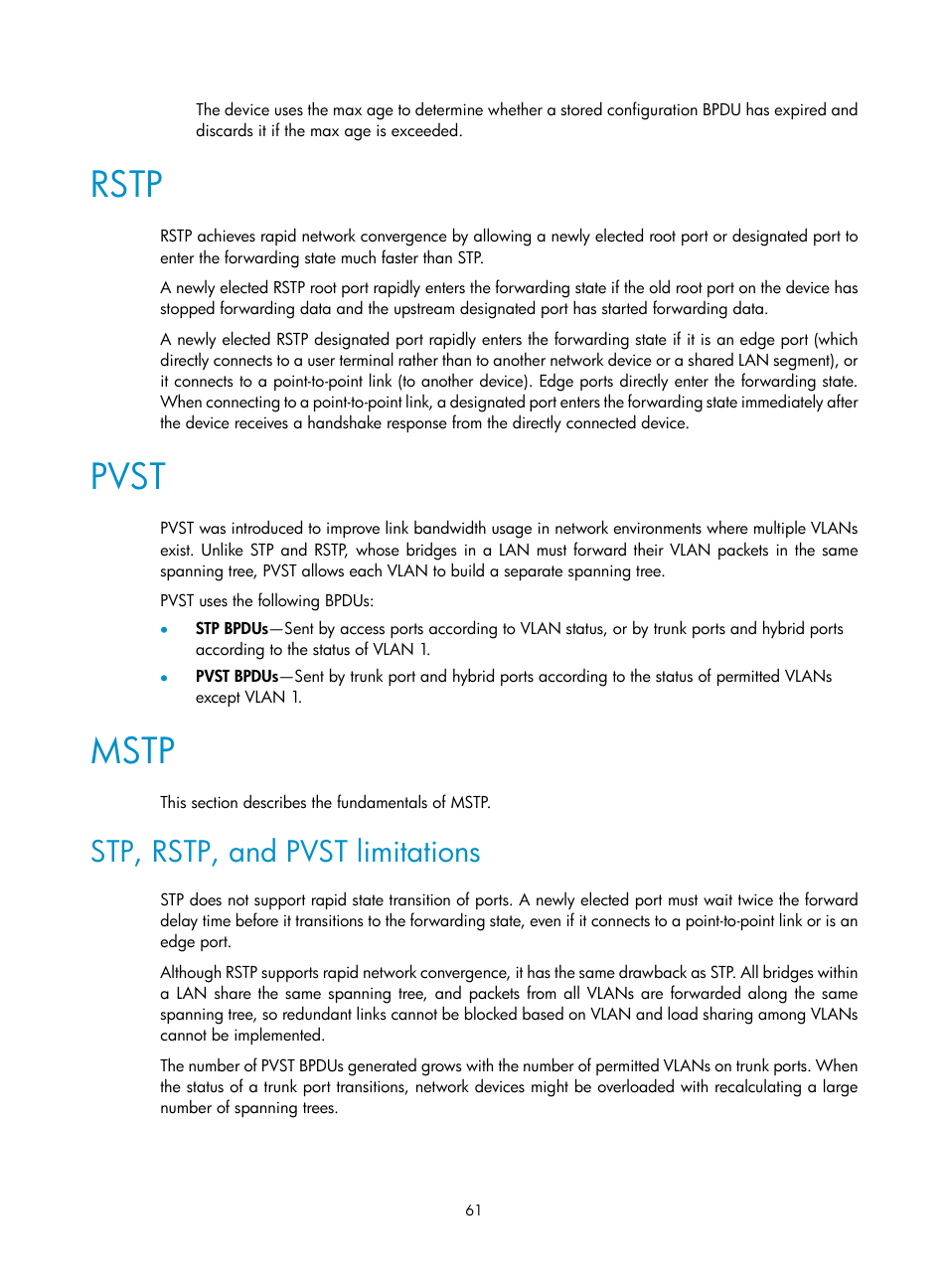 Rstp, Pvst, Mstp | Stp, rstp, and pvst limitations | H3C Technologies H3C WX5500E Series Access Controllers User Manual | Page 72 / 221