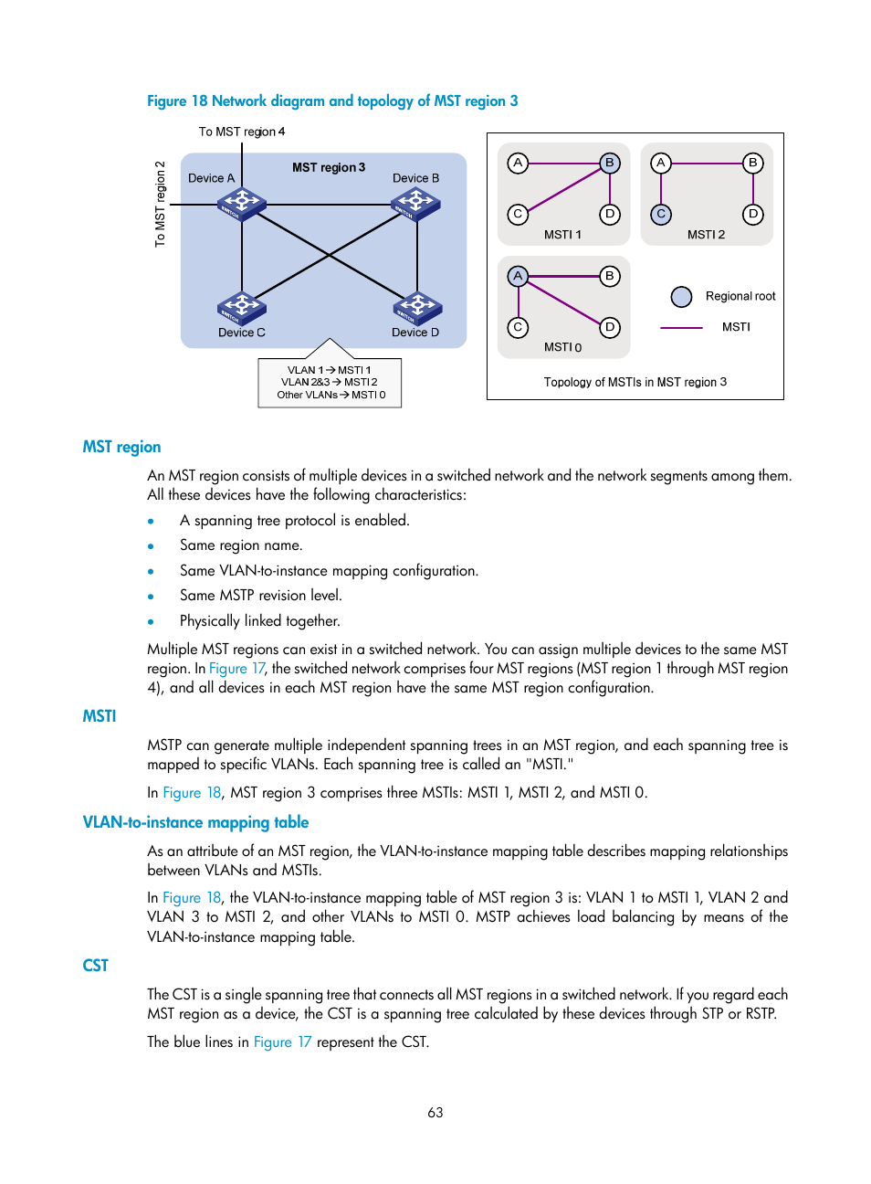 Mst region, Msti, Vlan-to-instance mapping table | H3C Technologies H3C WX5500E Series Access Controllers User Manual | Page 74 / 221