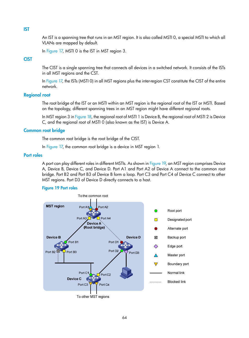 Cist, Regional root, Common root bridge | Port roles | H3C Technologies H3C WX5500E Series Access Controllers User Manual | Page 75 / 221