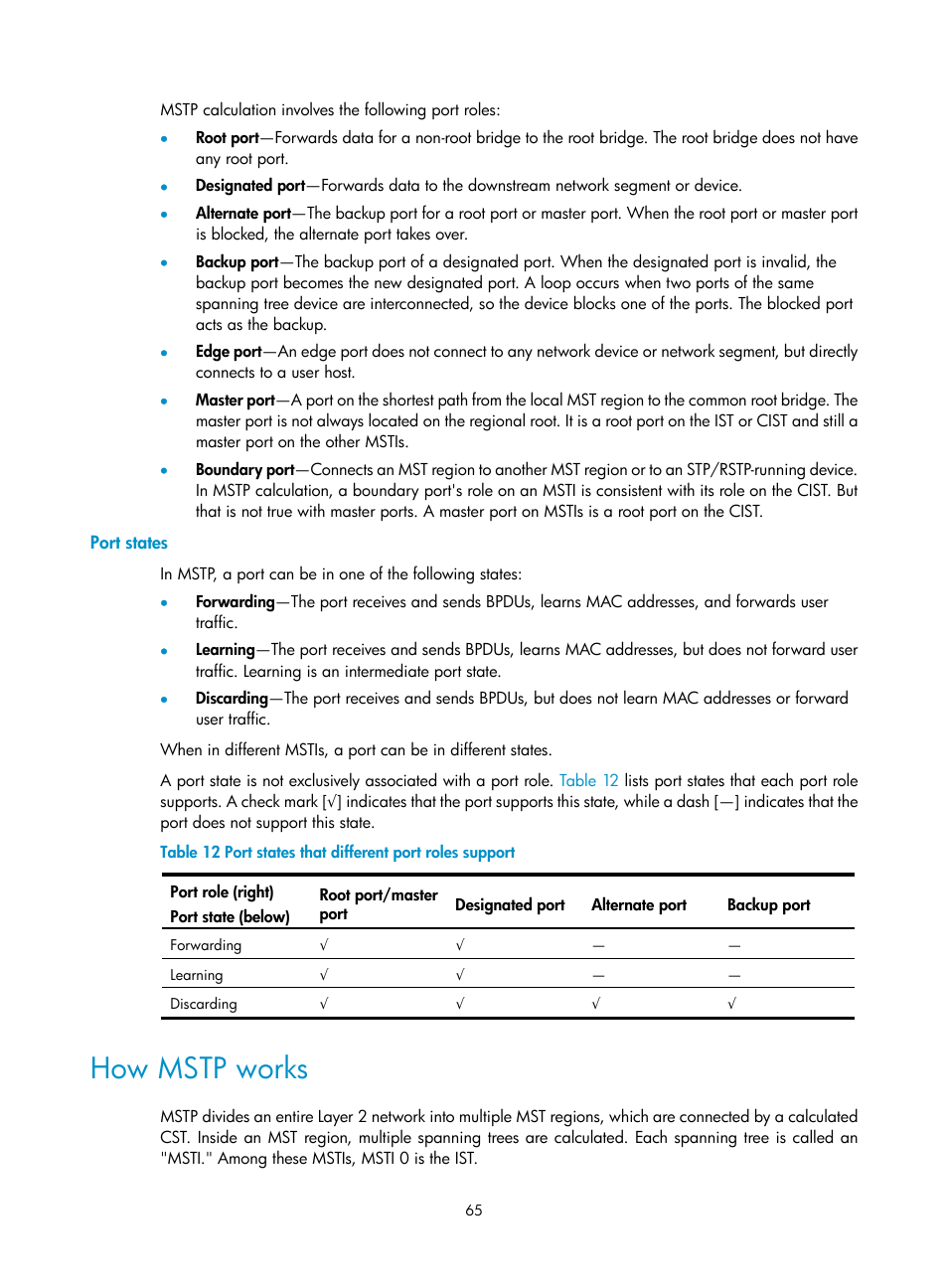 Port states, How mstp works | H3C Technologies H3C WX5500E Series Access Controllers User Manual | Page 76 / 221